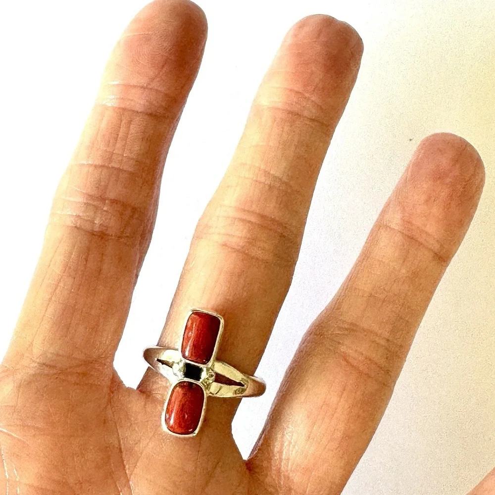 Navajo Red Branch Coral Ring Sz 9 Sterling‎ Signed A Two Stone High Shine Native